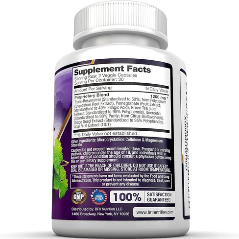 BRI ريسفيراترول - 1200 مجم مكمل مضاد للأكسدة طبيعي قوي مع الشاي الأخضر والكيرسيتين يعزز مكافحة الشيخوخة وصحة القلب ووظيفة الدماغ والجهاز المناعي in Kuwait