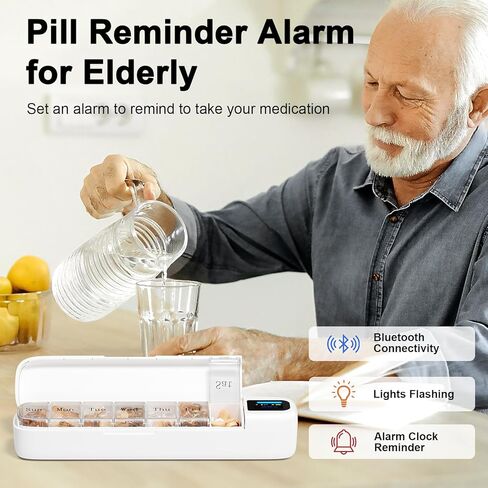 منبه طبي لموزع حبوب الدواء الإلكتروني من Odaro - حافظة حبوب سفر أسبوعية، حامل حبوب دواء لمدة 7 أيام مع تطبيق، تذكير بصندوق حبوب الدواء المحمول لكبار السن مرة واحدة في اليوم (أخضر) in Kuwait