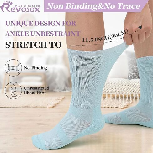 Revosoxs Diabetic Crew Socks for Men Women,Non-Binding Seamless Toe Neuropathy Socks,Loose Top Diabetic Socks 6-9 9-11 in Kuwait