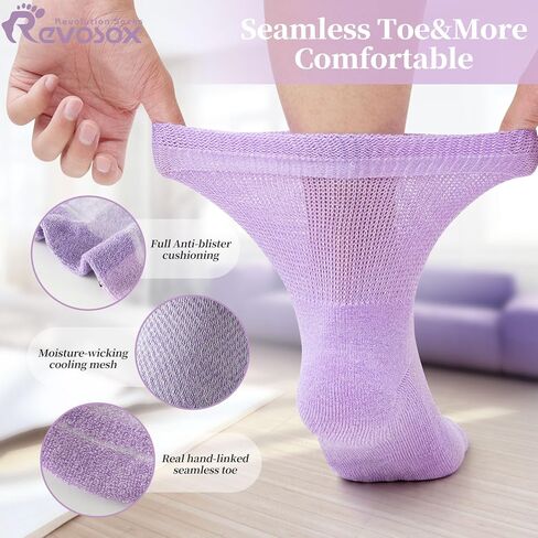 Revosoxs Diabetic Crew Socks for Men Women,Non-Binding Seamless Toe Neuropathy Socks,Loose Top Diabetic Socks 6-9 9-11 in Kuwait