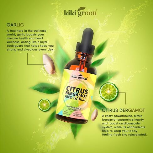 كيكي سائل الحمضيات الأخضر ومستخلص البرغموت والثوم - مكمل البرغموت الحمضي لصحة القلب ودعم الجهاز المناعي والشيخوخة الصحية، غير معدل وراثيًا، مكمل خالٍ من الغلوتين 2 أونصة سائلة. in Kuwait