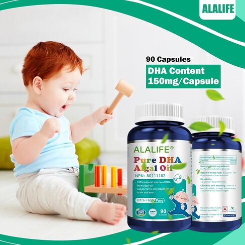 زيت الطحالب النقي DHA للأطفال من ALALIFE - 90 كبسولة - 88% مكملات DHA الطحالب عالية النقاء - مكملات زيت الطحالب DHA أوميغا 3 للأطفال - مفيدة لنمو دماغ الطفل والأعصاب البصرية - غير معدلة وراثيًا in Kuwait