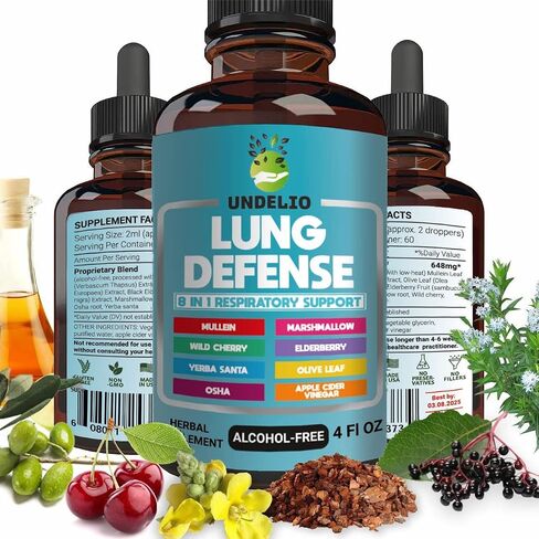 8 in 1 LUNG DEFENSE Herbal Extract, Blend (Mullein-Marshmallow-OSHA-Wild Cherry-Elderberry-Yerba Santa-Olive Leaf-ACV) Lung Cleanse, Respiratory & Immune system Support. Liquid supplement 2 OZ in Kuwait