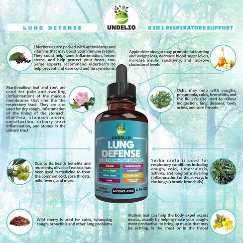 8 in 1 LUNG DEFENSE Herbal Extract, Blend (Mullein-Marshmallow-OSHA-Wild Cherry-Elderberry-Yerba Santa-Olive Leaf-ACV) Lung Cleanse, Respiratory & Immune system Support. Liquid supplement 2 OZ in Kuwait