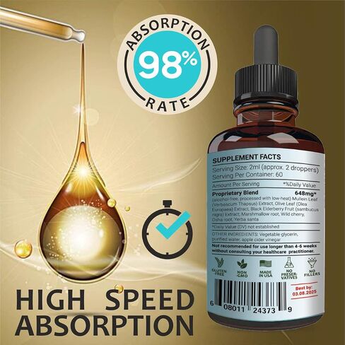 8 in 1 LUNG DEFENSE Herbal Extract, Blend (Mullein-Marshmallow-OSHA-Wild Cherry-Elderberry-Yerba Santa-Olive Leaf-ACV) Lung Cleanse, Respiratory & Immune system Support. Liquid supplement 2 OZ in Kuwait