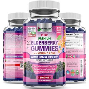 FRESH HEALTHCARE Elderberry Gummies 120 Count with Vitamin C and Zinc - Sambucus Elderberry 30:1 Extract - 100% Vegan Friendly for Adults and Kids - Immune Support Gummy Supplement in Kuwait