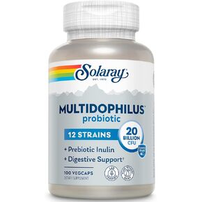 SOLARAY Multidophilus 12 Strain Probiotic 20 Billion CFU, Probiotics for Digestive Health and Gut Health Support, Prebiotic Inulin, No Dairy, 50 Serv, 100 VegCaps