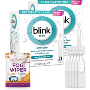 Blink Tears 25 قارورة قطرات تشحيم للعين، 3 عبوات، جفاف خفيف إلى متوسط، 0.01 أونصة لكل منها (إجمالي 75 قارورة فردية) مجمعة مع قطعة قماش مضادة للضباب قابلة لإعادة الاستخدام للنظارات in Kuwait