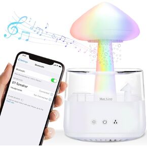 مكبر صوت بلوتوث من Rain Cloud مرطب للتقطير المائي، ناشر الزيوت العطرية للعلاج العطري بالفطر مع 7 مصابيح LED ليلية - صوت أمطار قاتمة وقطرات مطر للاسترخاء للنوم العميق في غرفة النوم (أبيض) in Kuwait