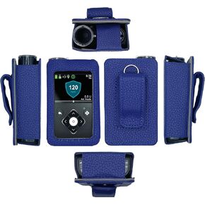 حقيبة جلدية ممتازة مع واقي شاشة ومشبك حزام (حبل للرقبة وحلقة تسلق) لمضخة الأنسولين Medtronic Minimed 630G/ 640G/ 670G/770G/780G (جميع الموديلات) (عمودي-B1-كحلي)