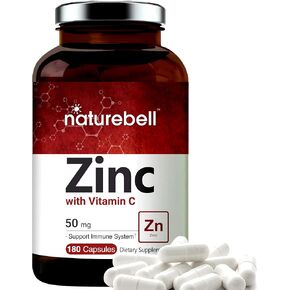 NatureBell الزنك 50 ملغ مع فيتامين C، 180 كبسولة، فيتامينات الزنك والفيتامينات المناعية، مضادات الأكسدة، غير المعدلة وراثيا in Kuwait