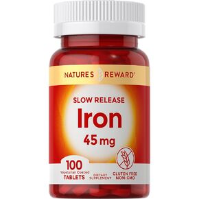 Slow Release Iron - 45mg - 100 Tablets - Vegetarian, Non-GMO & Gluten Free Supplement - by Nature's Reward in Kuwait