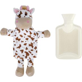 Mini Hot Water Bottle Warmer with Cute Cow Stuffed Animal Cover, Waist Neck Shoulder Rubber Hot and Cold Water Bag Winter Relaxing Portable Reusable Pain Relief Bottle