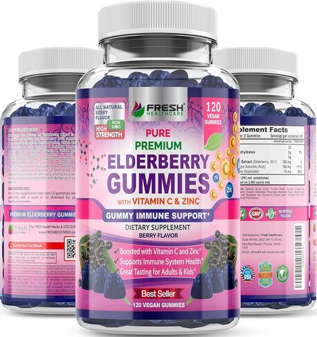 FRESH HEALTHCARE Elderberry Gummies 120 Count with Vitamin C and Zinc - Sambucus Elderberry 30:1 Extract - 100% Vegan Friendly for Adults and Kids - Immune Support Gummy Supplement in Kuwait