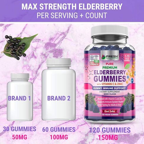 FRESH HEALTHCARE Elderberry Gummies 120 Count with Vitamin C and Zinc - Sambucus Elderberry 30:1 Extract - 100% Vegan Friendly for Adults and Kids - Immune Support Gummy Supplement in Kuwait