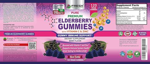 FRESH HEALTHCARE Elderberry Gummies 120 Count with Vitamin C and Zinc - Sambucus Elderberry 30:1 Extract - 100% Vegan Friendly for Adults and Kids - Immune Support Gummy Supplement in Kuwait