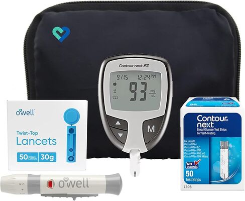 O Well Contour Next EZ Diabetes Testing Kit, Contour Next EZ Blood Glucose Meter, 50 Contour Next Blood Glucose Test Strips, 50 O'WELL Lancets, O'WELL Lancing Device, LogBook and Carry Case in Kuwait