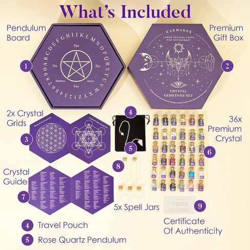 مجموعة شفاء كريستال من KARMABOX مكونة من 43 قطعة للساحرات - بلورات حقيقية للسحر، وجرار التعويذة، والمذبح، والديكور - لوازم وأدوات الويكا للمبتدئين - مجموعة كريستال لوازم السحر in Kuwait