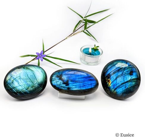 EUSICE - Labradorite Natural Palm Stone - Relaxation & Anti-Stress Healing Stone - 100% Handcrafted & Handmade - Ethical Gemstone Labradorite for Lithotherapy Wellness Meditation Yoga. All Levels in Saudi Arabia