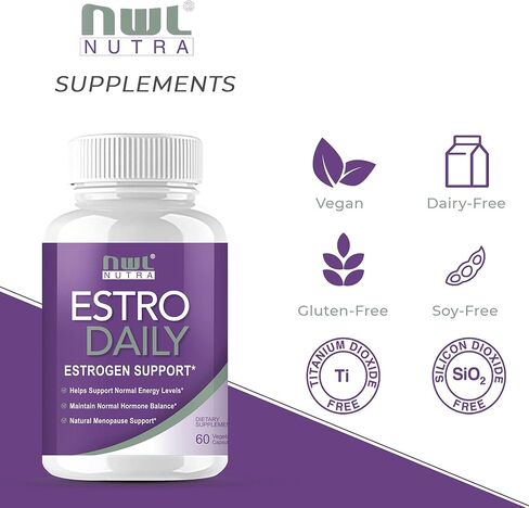 كبسولة Nwlnutra ESTRO اليومية للنساء - مكمل لتوازن الهرمونات الأنثوية في مرحلة انقطاع الطمث ودعم الطاقة - يعيد مستويات الاستروجين الصحية | 60 كبسولة نباتية غير معدلة وراثيًا in Kuwait