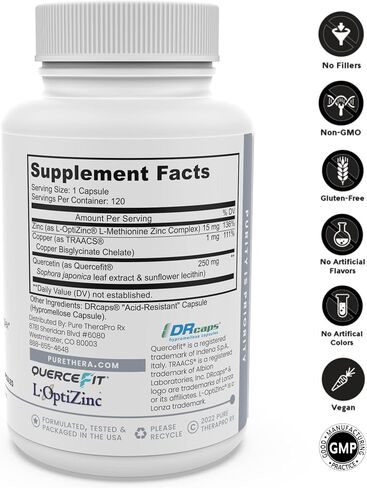 Pure Therapro Rx Zinc Defense | Zinc + Copper + Quercetin | 60 Servings in Vegan Capsules | L-OptiZinc & Quercefit Ionophore | Chelated Minerals | Immune, Gut, & Hormonal Balance Support in Kuwait