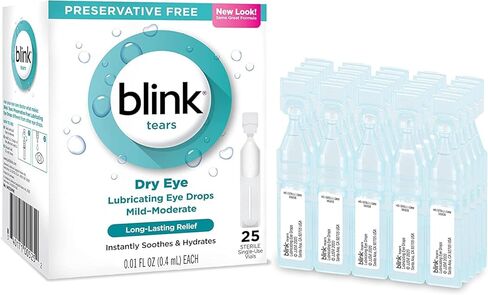 Blink Tears 25 قارورة قطرات تشحيم للعين، 3 عبوات، جفاف خفيف إلى متوسط، 0.01 أونصة لكل منها (إجمالي 75 قارورة فردية) مجمعة مع قطعة قماش مضادة للضباب قابلة لإعادة الاستخدام للنظارات in Kuwait