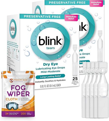 Blink Tears 25 قارورة قطرات تشحيم للعين، 3 عبوات، جفاف خفيف إلى متوسط، 0.01 أونصة لكل منها (إجمالي 75 قارورة فردية) مجمعة مع قطعة قماش مضادة للضباب قابلة لإعادة الاستخدام للنظارات in Kuwait