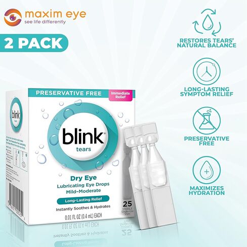 Blink Tears 25 قارورة قطرات تشحيم للعين، 3 عبوات، جفاف خفيف إلى متوسط، 0.01 أونصة لكل منها (إجمالي 75 قارورة فردية) مجمعة مع قطعة قماش مضادة للضباب قابلة لإعادة الاستخدام للنظارات in Kuwait