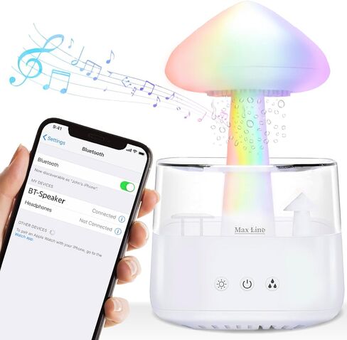 مكبر صوت بلوتوث من Rain Cloud مرطب للتقطير المائي، ناشر الزيوت العطرية للعلاج العطري بالفطر مع 7 مصابيح LED ليلية - صوت أمطار قاتمة وقطرات مطر للاسترخاء للنوم العميق في غرفة النوم (أبيض) in Kuwait