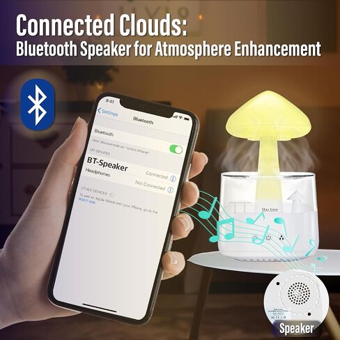 مكبر صوت بلوتوث من Rain Cloud مرطب للتقطير المائي، ناشر الزيوت العطرية للعلاج العطري بالفطر مع 7 مصابيح LED ليلية - صوت أمطار قاتمة وقطرات مطر للاسترخاء للنوم العميق في غرفة النوم (أبيض) in Kuwait