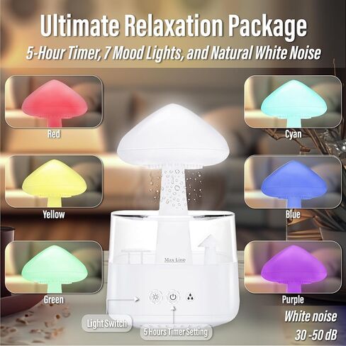 مكبر صوت بلوتوث من Rain Cloud مرطب للتقطير المائي، ناشر الزيوت العطرية للعلاج العطري بالفطر مع 7 مصابيح LED ليلية - صوت أمطار قاتمة وقطرات مطر للاسترخاء للنوم العميق في غرفة النوم (أبيض) in Kuwait