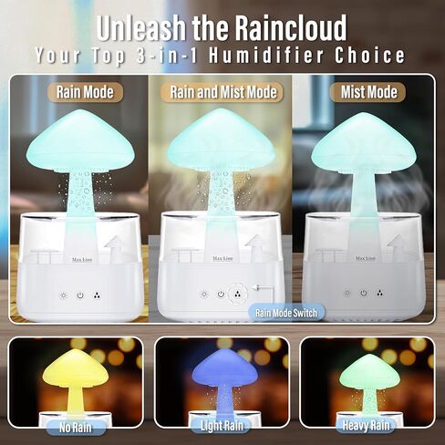 مكبر صوت بلوتوث من Rain Cloud مرطب للتقطير المائي، ناشر الزيوت العطرية للعلاج العطري بالفطر مع 7 مصابيح LED ليلية - صوت أمطار قاتمة وقطرات مطر للاسترخاء للنوم العميق في غرفة النوم (أبيض) in Kuwait