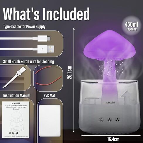 مكبر صوت بلوتوث من Rain Cloud مرطب للتقطير المائي، ناشر الزيوت العطرية للعلاج العطري بالفطر مع 7 مصابيح LED ليلية - صوت أمطار قاتمة وقطرات مطر للاسترخاء للنوم العميق في غرفة النوم (أبيض) in Kuwait