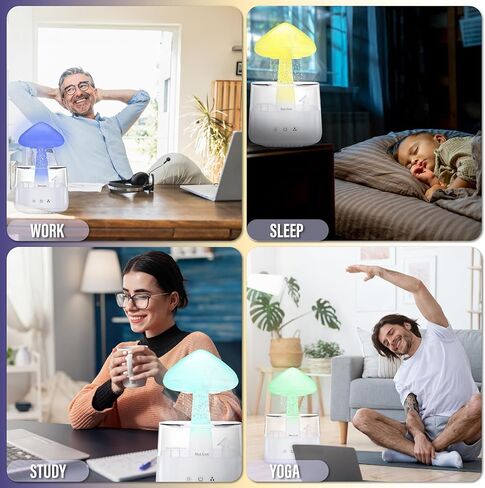 مكبر صوت بلوتوث من Rain Cloud مرطب للتقطير المائي، ناشر الزيوت العطرية للعلاج العطري بالفطر مع 7 مصابيح LED ليلية - صوت أمطار قاتمة وقطرات مطر للاسترخاء للنوم العميق في غرفة النوم (أبيض) in Kuwait