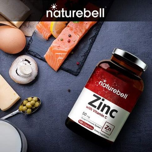 NatureBell الزنك 50 ملغ مع فيتامين C، 180 كبسولة، فيتامينات الزنك والفيتامينات المناعية، مضادات الأكسدة، غير المعدلة وراثيا in Kuwait