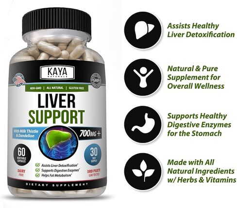 Kaya Naturals Liver Support | Gut Health Supplements for Women and Men | Milk Thistle and Dandelion Root Capsules | Detox Cleanse Liver Supplements with Artichoke Extract and Chicory Root 60 Count in Kuwait