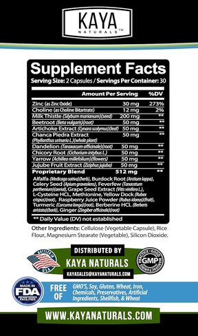 Kaya Naturals Liver Support | Gut Health Supplements for Women and Men | Milk Thistle and Dandelion Root Capsules | Detox Cleanse Liver Supplements with Artichoke Extract and Chicory Root 60 Count in Kuwait