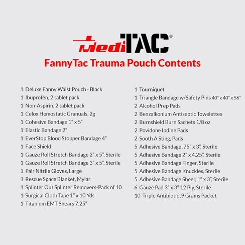 حقيبة الخصر فاني تاك الفاخرة المملوءة من MediTac FannyTac. عاصبة Swat-T، وأدوات التحكم في النزيف، والشاش والضمادات للاستعداد التكتيكي لحالات الطوارئ، والسفر، والجري، والمشي لمسافات طويلة، والإسعافات الأولية in Kuwait