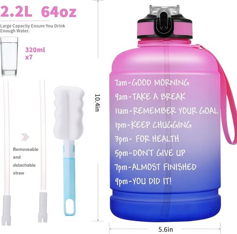 BOTTLE BOTTLE زجاجة مياه تحفيزية كبيرة نصف جالون/64 أونصة مع ماصة ومقبض (وردي أرجواني) in Kuwait