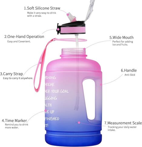 BOTTLE BOTTLE زجاجة مياه تحفيزية كبيرة نصف جالون/64 أونصة مع ماصة ومقبض (وردي أرجواني) in Kuwait