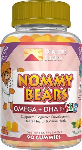 Nommy Bears OMEGA 3,6,9 DHA Gummies للأطفال، خالية من الجيلاتين، صديقة للنباتيين، نباتية، حلال/كوشير صديقة للأولاد والبنات والأطفال الصغار والأطفال، نكهات الحمضيات الحلوة والتارت، كبيرة 90 قيراط (30 يومًا) in Kuwait