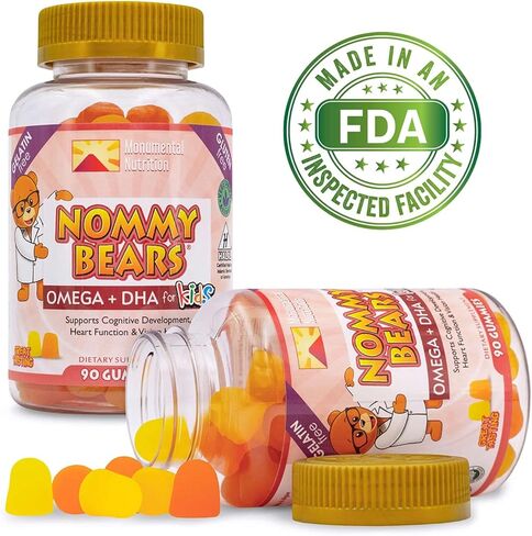 Nommy Bears OMEGA 3,6,9 DHA Gummies للأطفال، خالية من الجيلاتين، صديقة للنباتيين، نباتية، حلال/كوشير صديقة للأولاد والبنات والأطفال الصغار والأطفال، نكهات الحمضيات الحلوة والتارت، كبيرة 90 قيراط (30 يومًا) in Kuwait