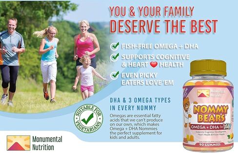 Nommy Bears OMEGA 3,6,9 DHA Gummies للأطفال، خالية من الجيلاتين، صديقة للنباتيين، نباتية، حلال/كوشير صديقة للأولاد والبنات والأطفال الصغار والأطفال، نكهات الحمضيات الحلوة والتارت، كبيرة 90 قيراط (30 يومًا) in Kuwait
