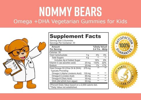 Nommy Bears OMEGA 3,6,9 DHA Gummies للأطفال، خالية من الجيلاتين، صديقة للنباتيين، نباتية، حلال/كوشير صديقة للأولاد والبنات والأطفال الصغار والأطفال، نكهات الحمضيات الحلوة والتارت، كبيرة 90 قيراط (30 يومًا) in Kuwait