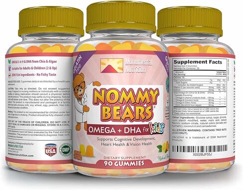 Nommy Bears OMEGA 3,6,9 DHA Gummies للأطفال، خالية من الجيلاتين، صديقة للنباتيين، نباتية، حلال/كوشير صديقة للأولاد والبنات والأطفال الصغار والأطفال، نكهات الحمضيات الحلوة والتارت، كبيرة 90 قيراط (30 يومًا) in Kuwait