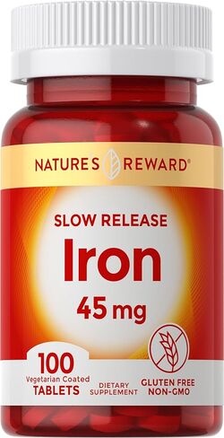Slow Release Iron - 45mg - 100 Tablets - Vegetarian, Non-GMO & Gluten Free Supplement - by Nature's Reward in Kuwait