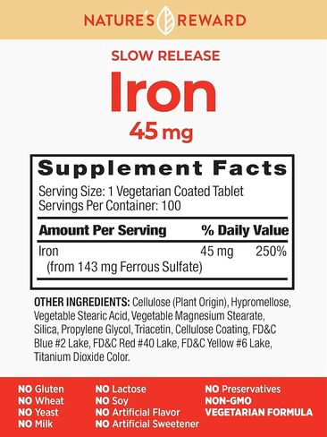 Slow Release Iron - 45mg - 100 Tablets - Vegetarian, Non-GMO & Gluten Free Supplement - by Nature's Reward in Kuwait