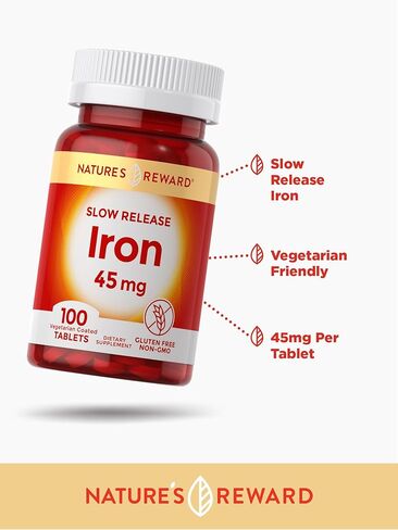 Slow Release Iron - 45mg - 100 Tablets - Vegetarian, Non-GMO & Gluten Free Supplement - by Nature's Reward in Kuwait