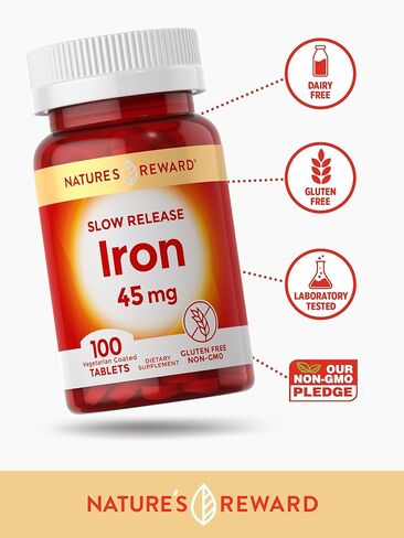 Slow Release Iron - 45mg - 100 Tablets - Vegetarian, Non-GMO & Gluten Free Supplement - by Nature's Reward in Kuwait