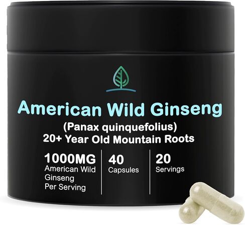 Holistic Bin Wild American Ginseng Capsules Pure Organic Ginseng Supplement Made with Wild Harvested 20+ Year Old Roots from Appalachia (Panax Quinquefolius) | No Fillers (40 Capsules) in Saudi Arabia